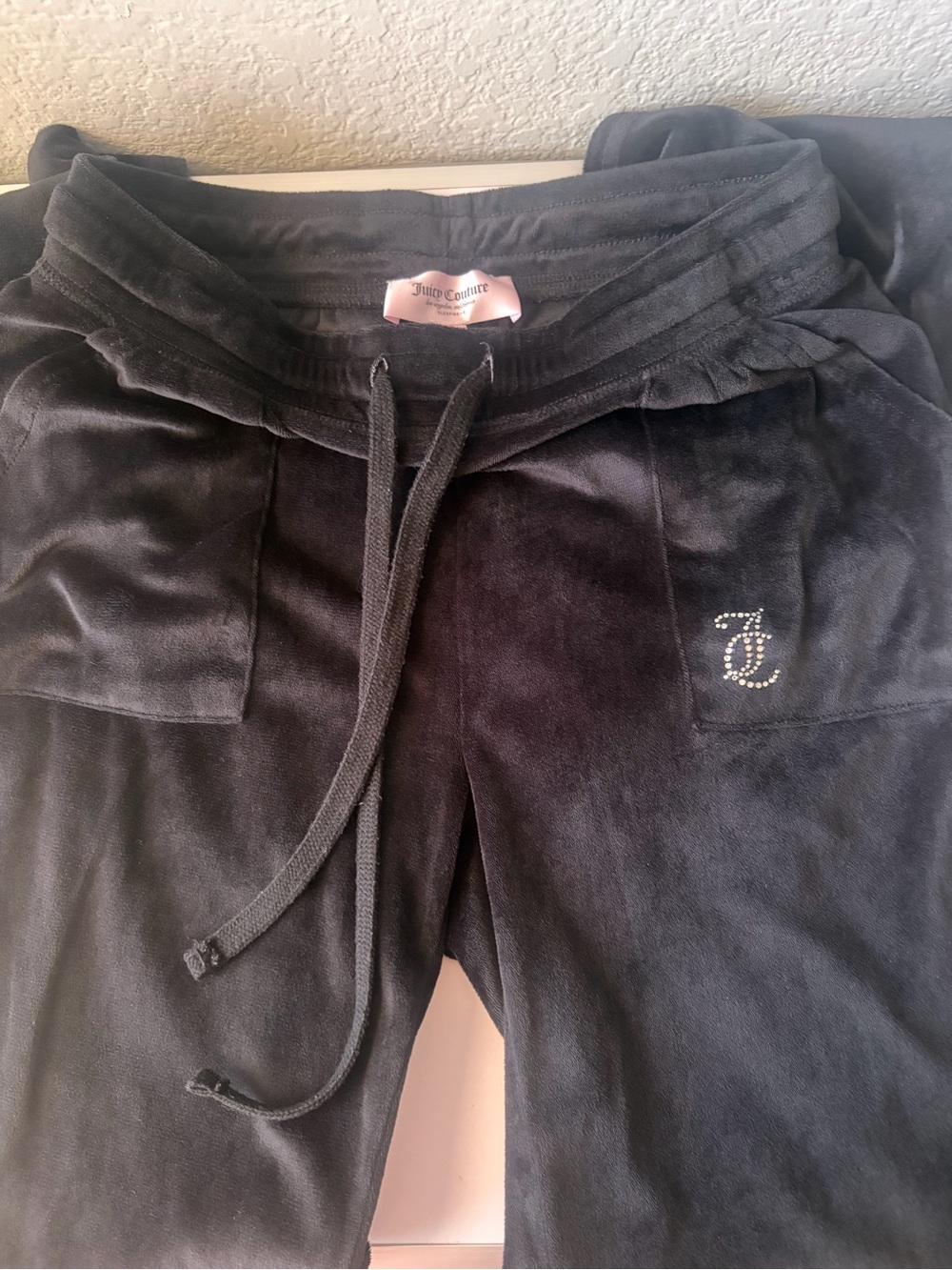 Juicy Couture Black Velour Joggers with Crystal JC Emblem